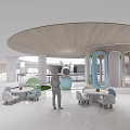Modern Interactive Zone Interior With Circular Wooden Ceiling White Floor And Tables Chairs