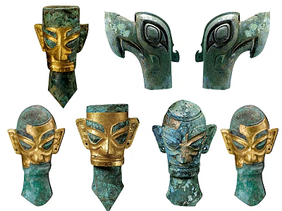 Seven Ancient Mask Shaped Ceramic Vessels With Golden Bronze Decor And Intricate Patterns 3d model