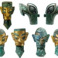 Seven Ancient Mask Shaped Ceramic Vessels With Golden Bronze Decor And Intricate Patterns
