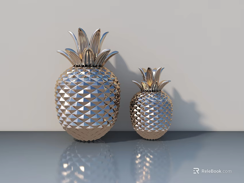 Silver Pineapple Decorations With Diamond Pattern Large And Small On Gray Surface 3d model 