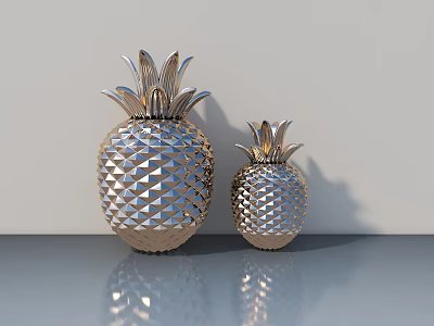 Silver Pineapple Decorations With Diamond Pattern Large And Small On Gray Surface 3d model