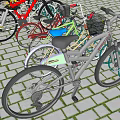 Colorful Bicycles Parked at Outdoor Bike Rack on Brick Paved Surface