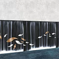 Black Feature Wall With Waterfall Design Gold White Fish Shaped Decorations And Bottom Water Pool