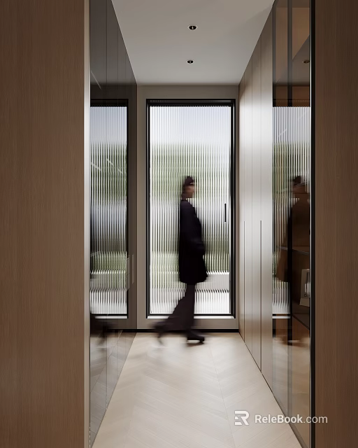 Modern Closet Space With Wooden Elements And Textured Glass Doors 3d model 