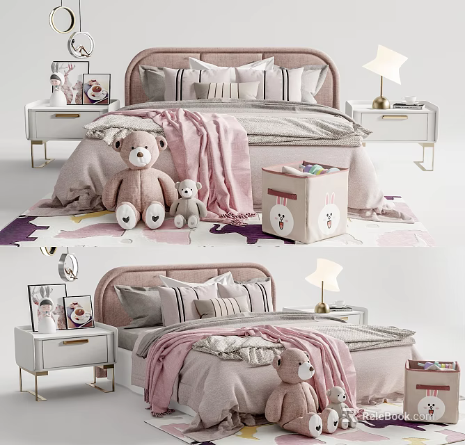 Cozy Kids Bed with Pink Blanket Stuffed Toys Star Shaped Lamp and Nightstand 3d model 