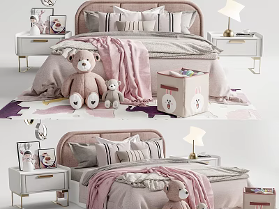Cozy Kids Bed with Pink Blanket Stuffed Toys Star Shaped Lamp and Nightstand 3d model