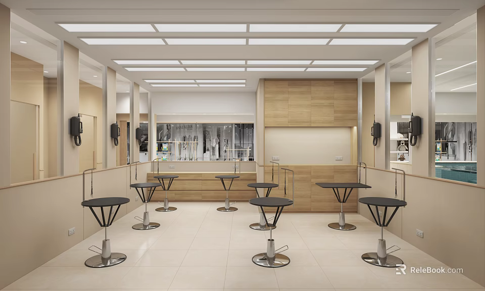 Modern Hair Salon Interior In Mall With Barber Chairs And Mirrors 3d model 