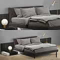 Modern Gray Bed Interior With Upholstered Headboard Pillows Nightstand And Gold Lamp