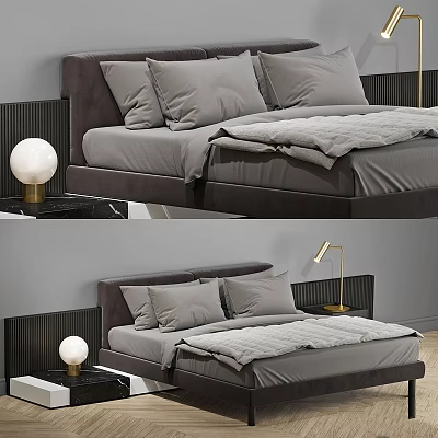 Modern Gray Bed Interior With Upholstered Headboard Pillows Nightstand And Gold Lamp 3d model