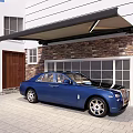 Blue Luxury Car Parked In Front Of Stone Wall Building With Windows And Wooden Door