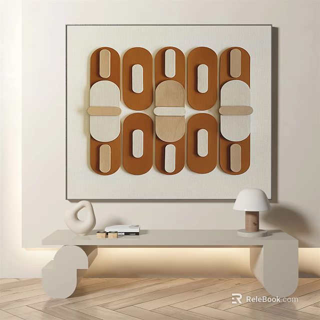 Abstract Geometric Wall Art With Brown Beige Patterns On White Console Table And Modern Lamp 3d model