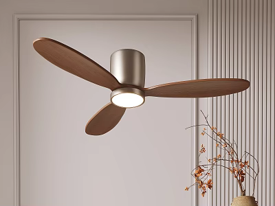 Illuminated Ceiling Fan Chandelier with Wooden Blades Metal Body Light Wall and Dried Flowers Vase 3d model