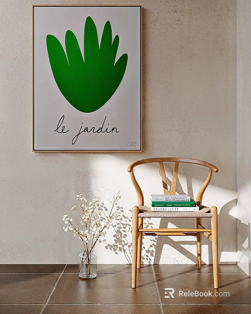 Sunlit Single Sofa With Wooden Frame Green Heart Painting Books And White Flower Vase 3d model 