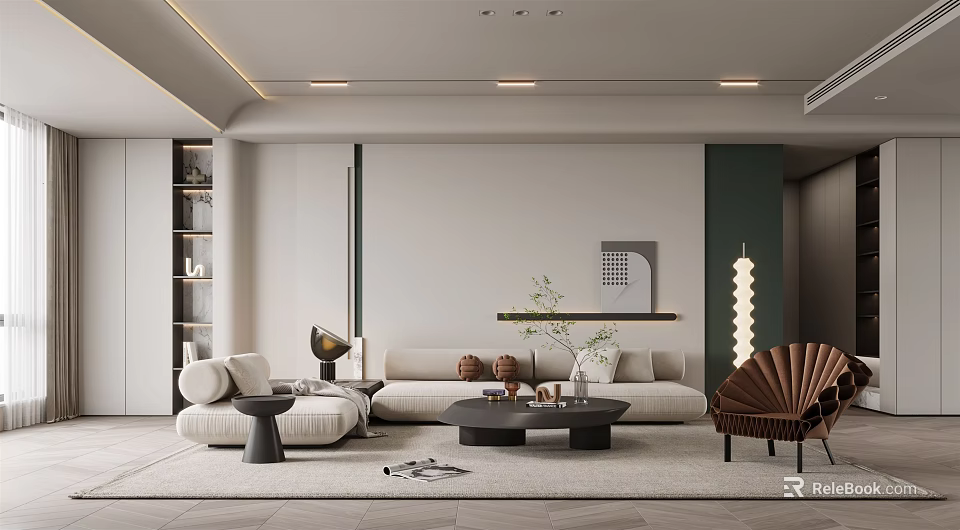 Modern Living Room Design Featuring Sofa Coffee Table Decorative Chair Bookshelf Plant And Floor Lamp 3d model 