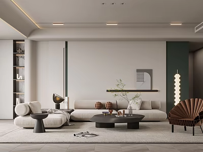 Modern Living Room Design Featuring Sofa Coffee Table Decorative Chair Bookshelf Plant And Floor Lamp 3d model