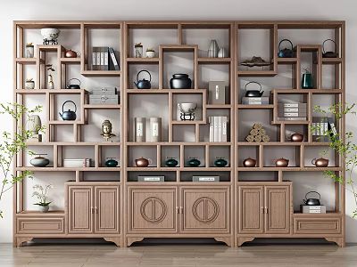 Traditional Wooden Display Shelf with Tea Pots Books and Decorative Items on Cabinet Base 3d model