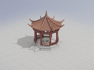 Traditional Chinese Pavilion With Red Roof Wooden Structure And Stone Steps On Gray Ground 3d model