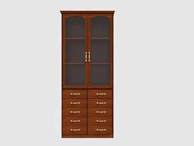 Brown Wooden File Cabinet With Double Glass Doors And Multiple Gold Handles 3d model