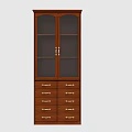 Brown Wooden File Cabinet With Double Glass Doors And Multiple Gold Handles