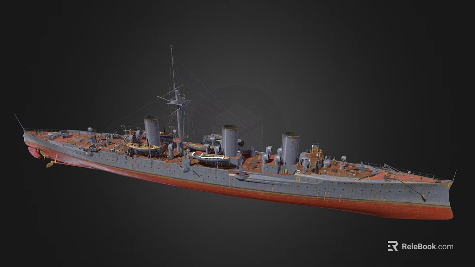 Historical Warship With Multiple Funnels Deck Equipment And Gray Hull Red Bottom 3d model