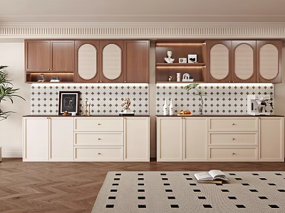 Modern Wooden And White Wine Cabinet Design With Glass Doors In Kitchen Interior 3d model