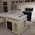 Modern White Kitchen Interior With Cabinets Island Dining Table Chairs And Window Appliances