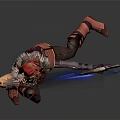 Red Haired Game Movie Character Wearing Red Gold Outfit Holding Bow With Blue Light Effects
