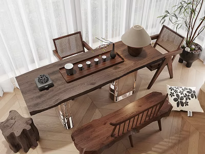 Elegant Wooden Tea Table And Rattan Chairs With Tea Set Table Lamp And Potted Plant 3d model