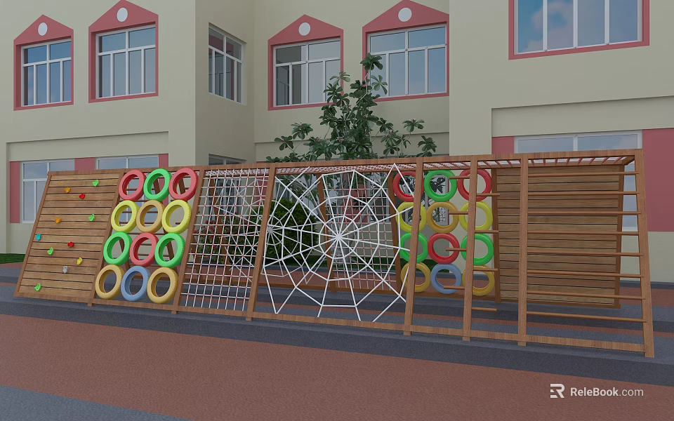 Colorful Playground Equipment With Spider Web Climbing Net And Rings By Wooden Fence Near School Building 3d model 