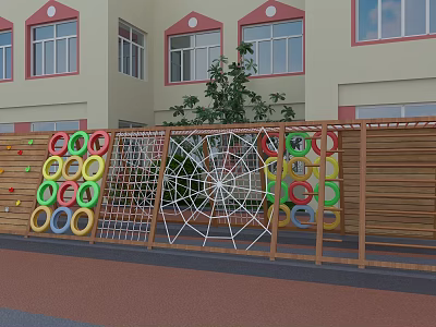 Colorful Playground Equipment With Spider Web Climbing Net And Rings By Wooden Fence Near School Building 3d model