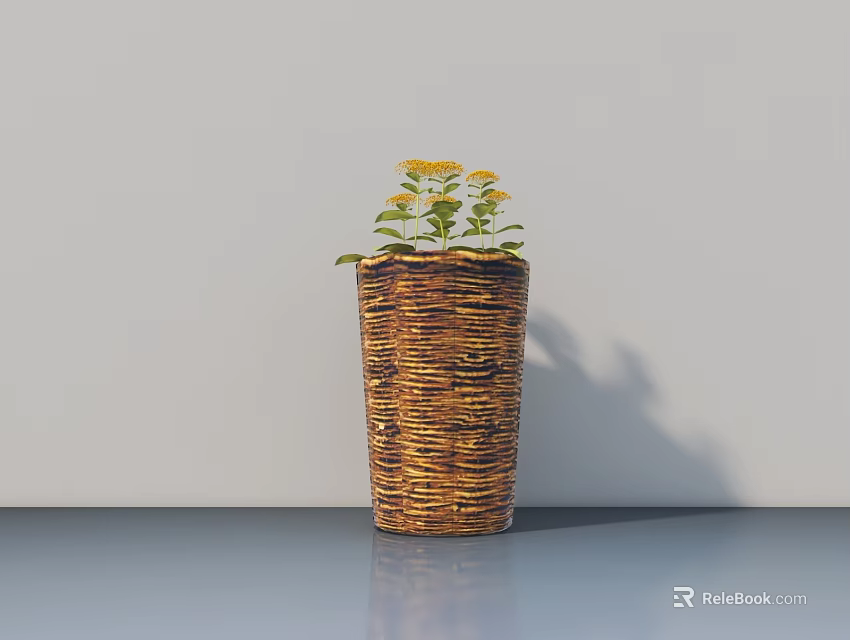 Decorative Potted Plant With Yellow Flowers In Woven Brown Pot On Gray Tabletop 3d model 