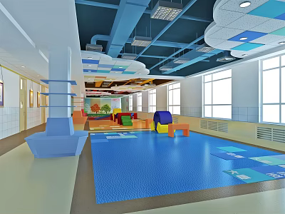 Vibrant Kindergarten Indoor Play Space With Blue Floor Colorful Toys And Bright Windows 3d model
