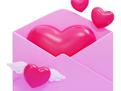 Pink Envelope Themed Decorative Ornament Set With Red Hearts And White Wings 3d model