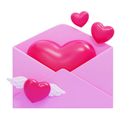 Pink Envelope Themed Decorative Ornament Set With Red Hearts And White Wings 3d model