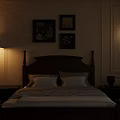 Traditional Bedroom Interior With Wooden Bed Headboard Nightstands And Decorative Paintings