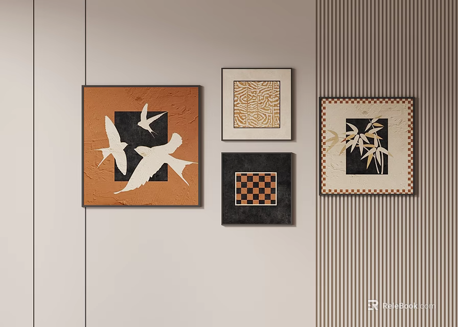 Modern Wall Decor Framed Art With Bird Geometric Checkered And Bamboo Designs 3d model 