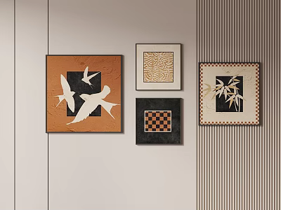 Modern Wall Decor Framed Art With Bird Geometric Checkered And Bamboo Designs 3d model