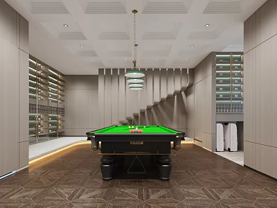 Modern Billiard Room Design With Green Felt Pool Table Wooden Walls Shelves And Pendant Light 3d model