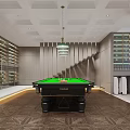 Modern Billiard Room Design With Green Felt Pool Table Wooden Walls Shelves And Pendant Light