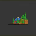 Cartoon Scene With Red House Blue Roof Green Pine Trees And Small Fence