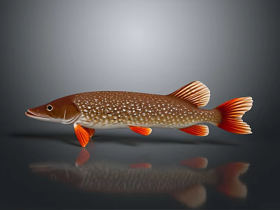 Brown Spotted Pike Fish With Orange Fins And Tail On Gray Background With Reflection 3d model