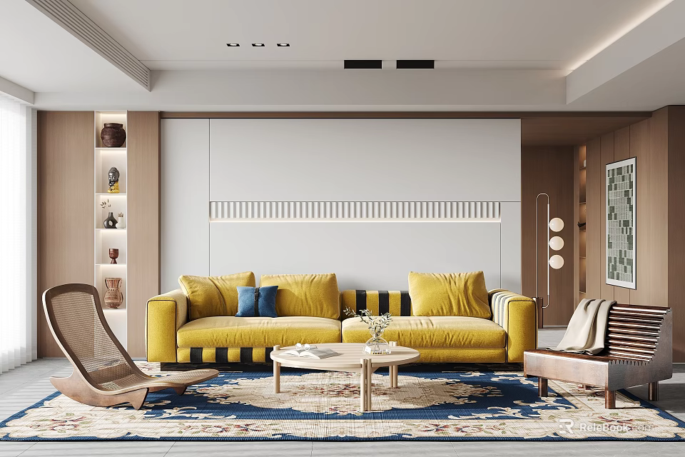 Modern Living Room Interior With Striped Yellow Sofa Blue Cushions Coffee Table And Patterned Rug 3d model 
