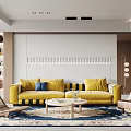 Modern Living Room Interior With Striped Yellow Sofa Blue Cushions Coffee Table And Patterned Rug