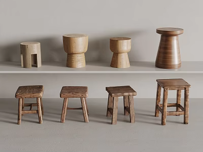 Various Wooden Stools With Different Designs Displayed On Two Shelves 3d model
