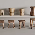 Various Wooden Stools With Different Designs Displayed On Two Shelves 3d model