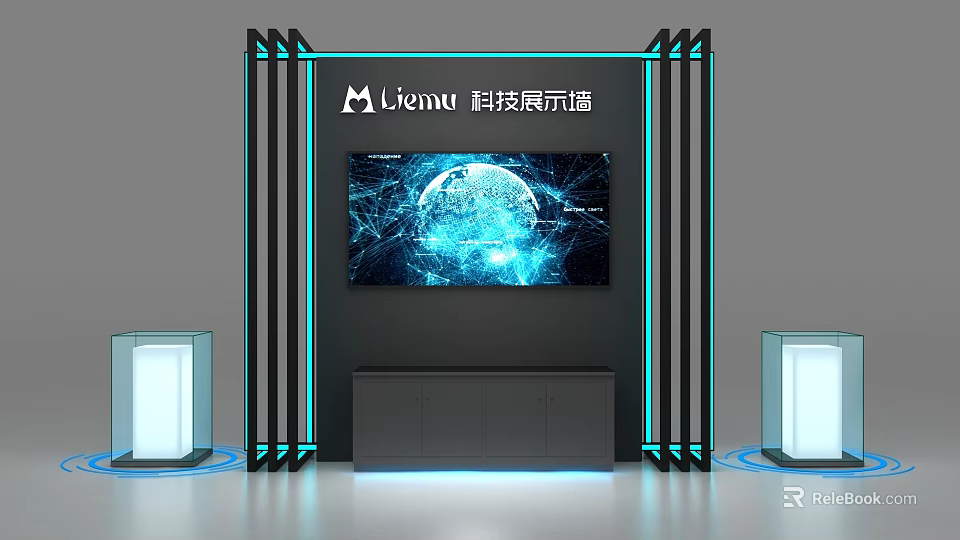 Commercial Equipment Tech Display Wall With Large Digital Screen Console And Lighting Stands 3d model 