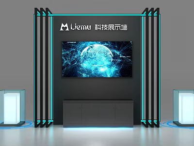 Commercial Equipment Tech Display Wall With Large Digital Screen Console And Lighting Stands 3d model