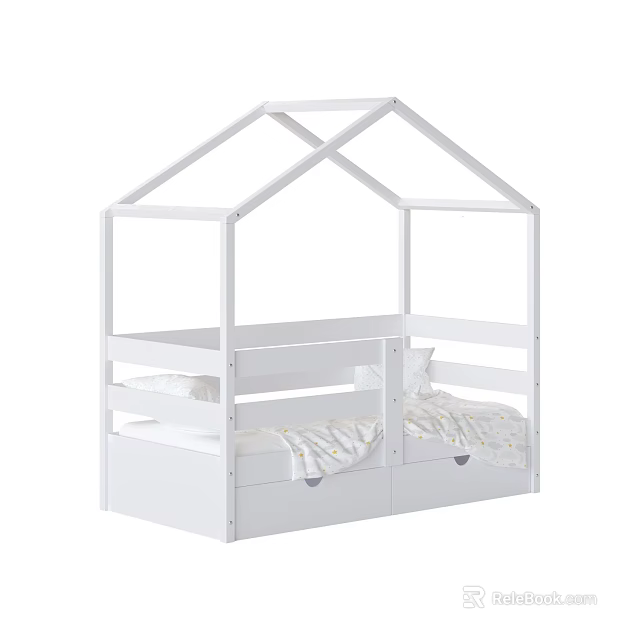 White House Shaped Kids Bed With Storage Drawers And Safety Rails 3d model 