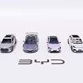BYD Car Models Showcase With Various Designs Arranged In A Row 3d model