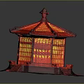 Traditional Chinese Pavilion Architecture With Red Exterior Roof Decorations Lattice Windows And Stepped Base